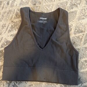 Garage Charcoal Ribbed V-Neck Crop Top